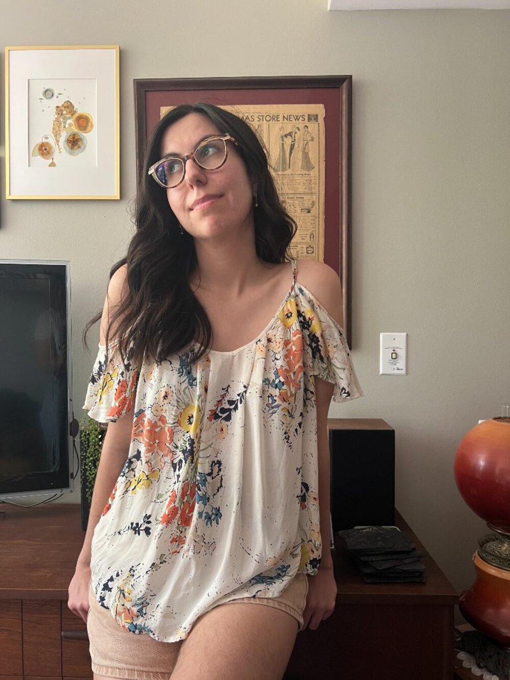 100% Silk Off-Shoulder Peekaboo Blouse (Joie, Floral, Y2K, 2000s)